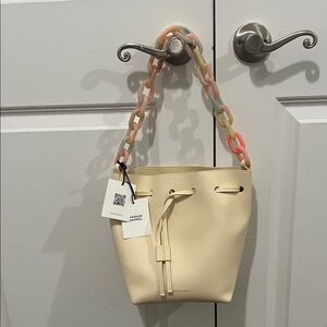 Mansur Gabriel Cream Bucket Bag with Colorful Chain